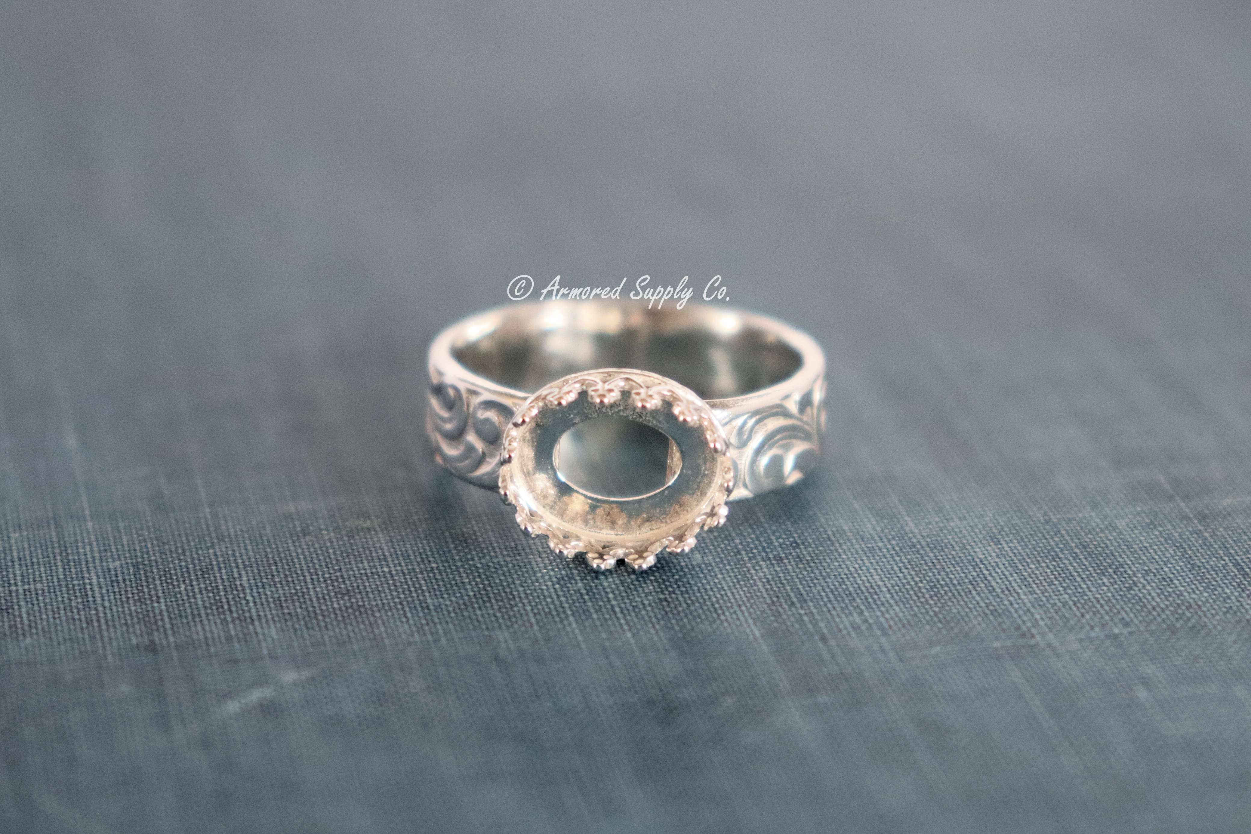 Engraved Band Crown Oval Bezel Cup Ring blank