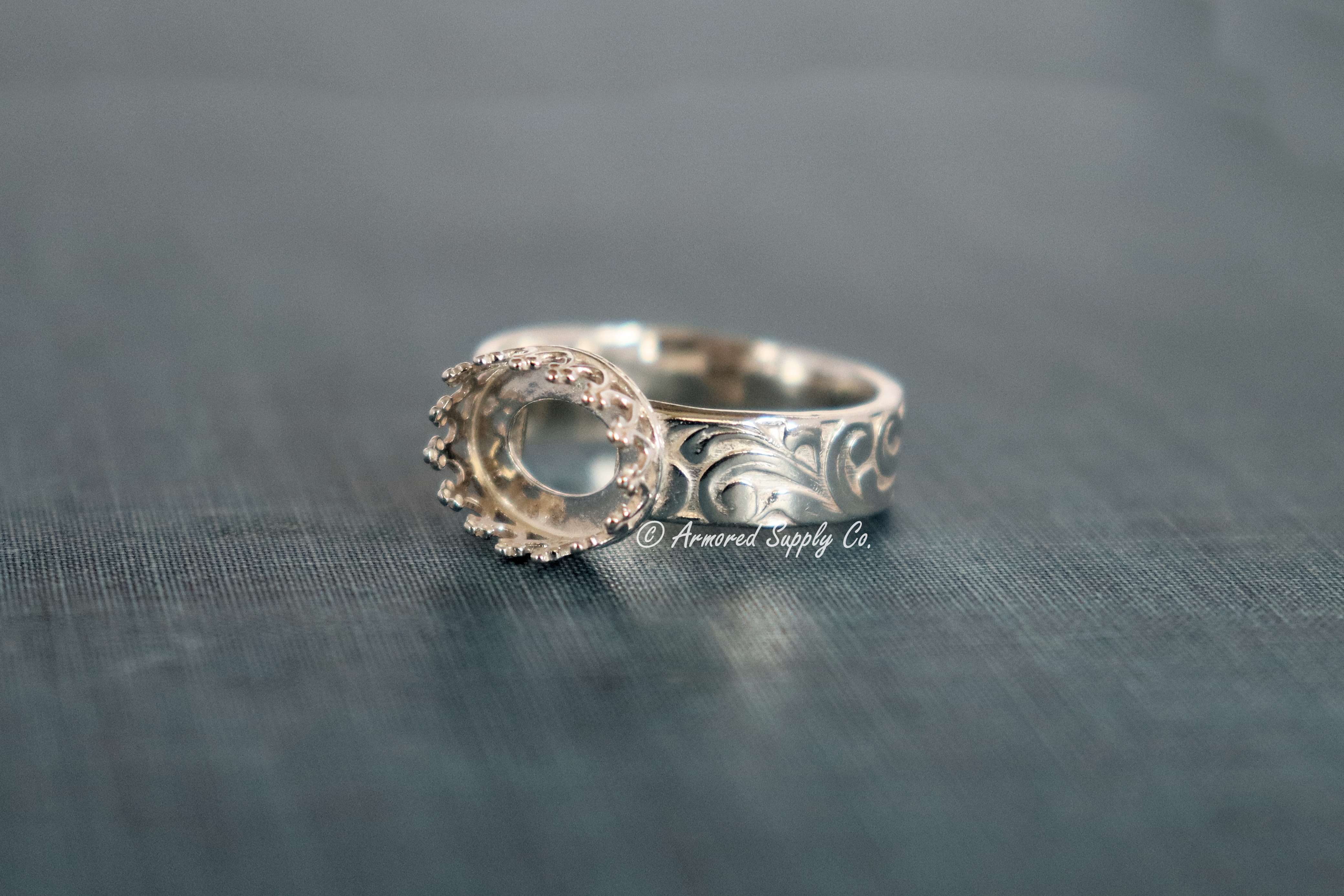 Engraved Band Crown Oval Bezel Cup Ring blank