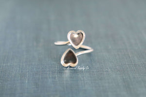 Silver Double Heart Bezel Bypass Adjustable Bezel Cup Ring blank
