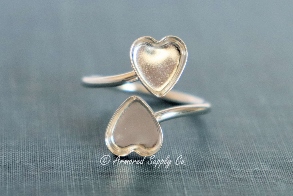 Silver Double Heart Bezel Bypass Adjustable Bezel Cup Ring blank