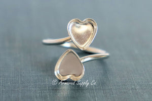 Silver Double Heart Bezel Bypass Adjustable Bezel Cup Ring blank