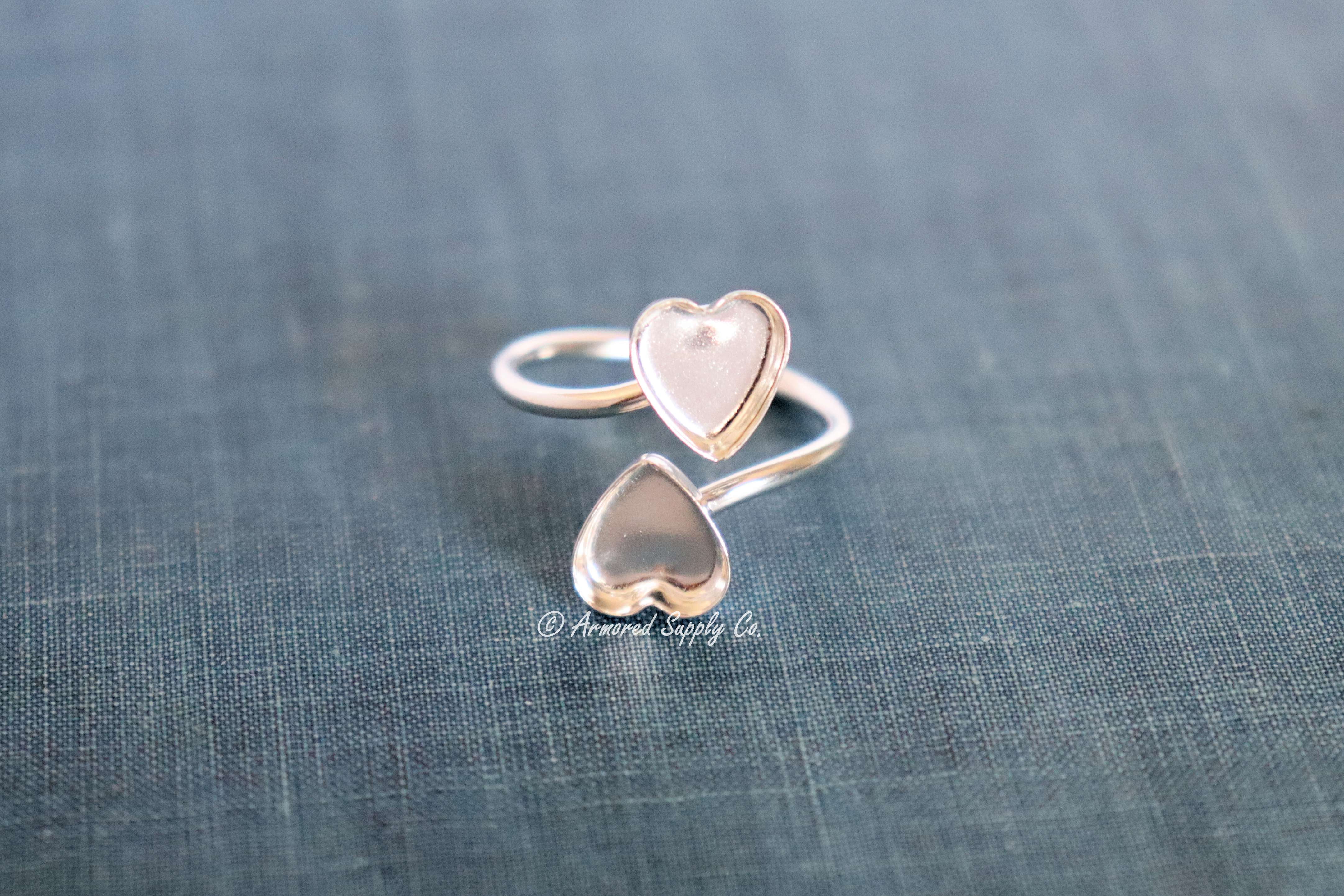 Silver Double Heart Bezel Bypass Adjustable Bezel Cup Ring blank