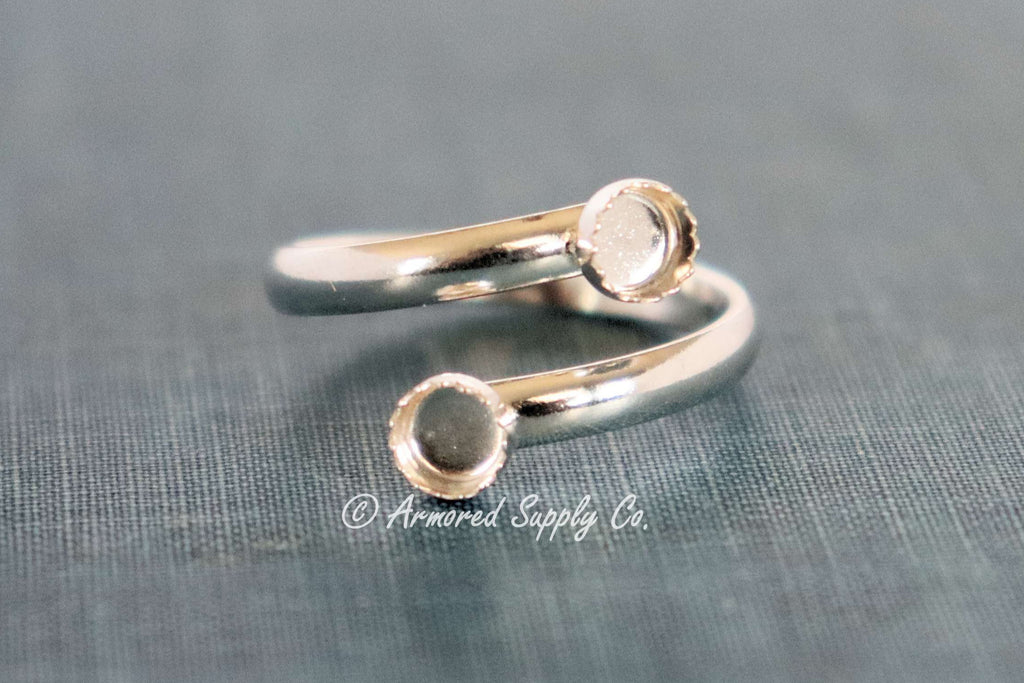 Silver Wide Band Double Bezel Bypass Adjustable Serrated Bezel Cup Ring blank
