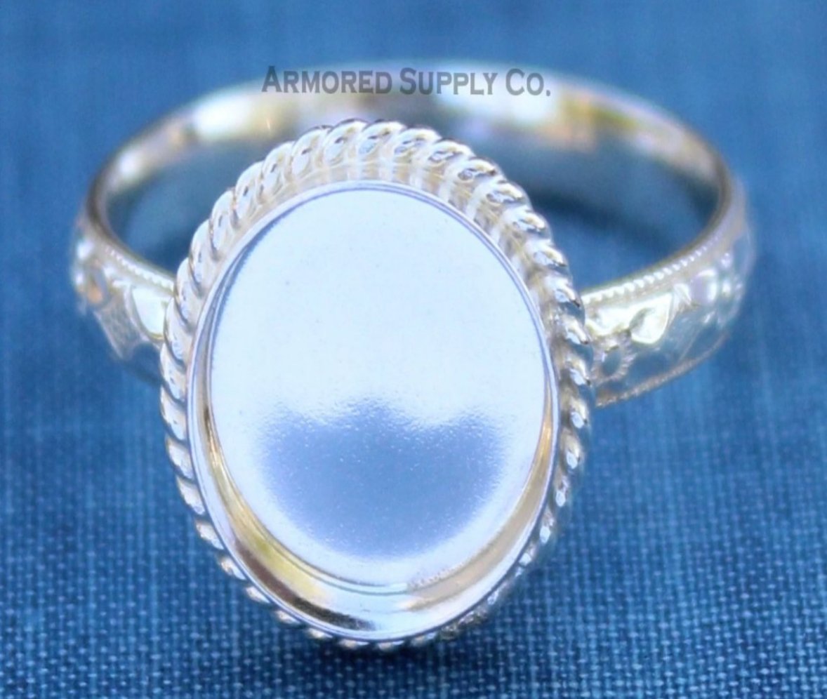 Floral #1 Roped OVAL Bezel Cup Ring blank Silver