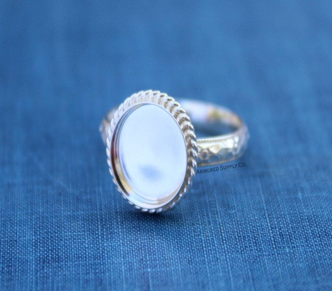 Floral #1 Roped OVAL Bezel Cup Ring blank Silver