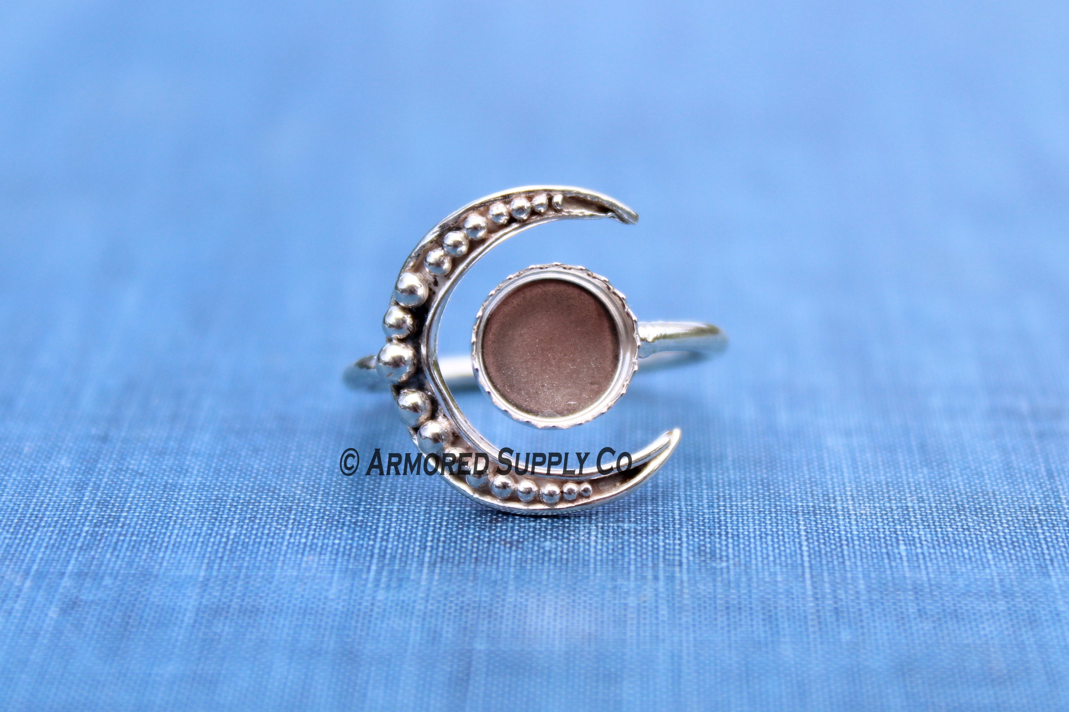 Silver Beaded Crescent Moon Bezel Cup Ring blank