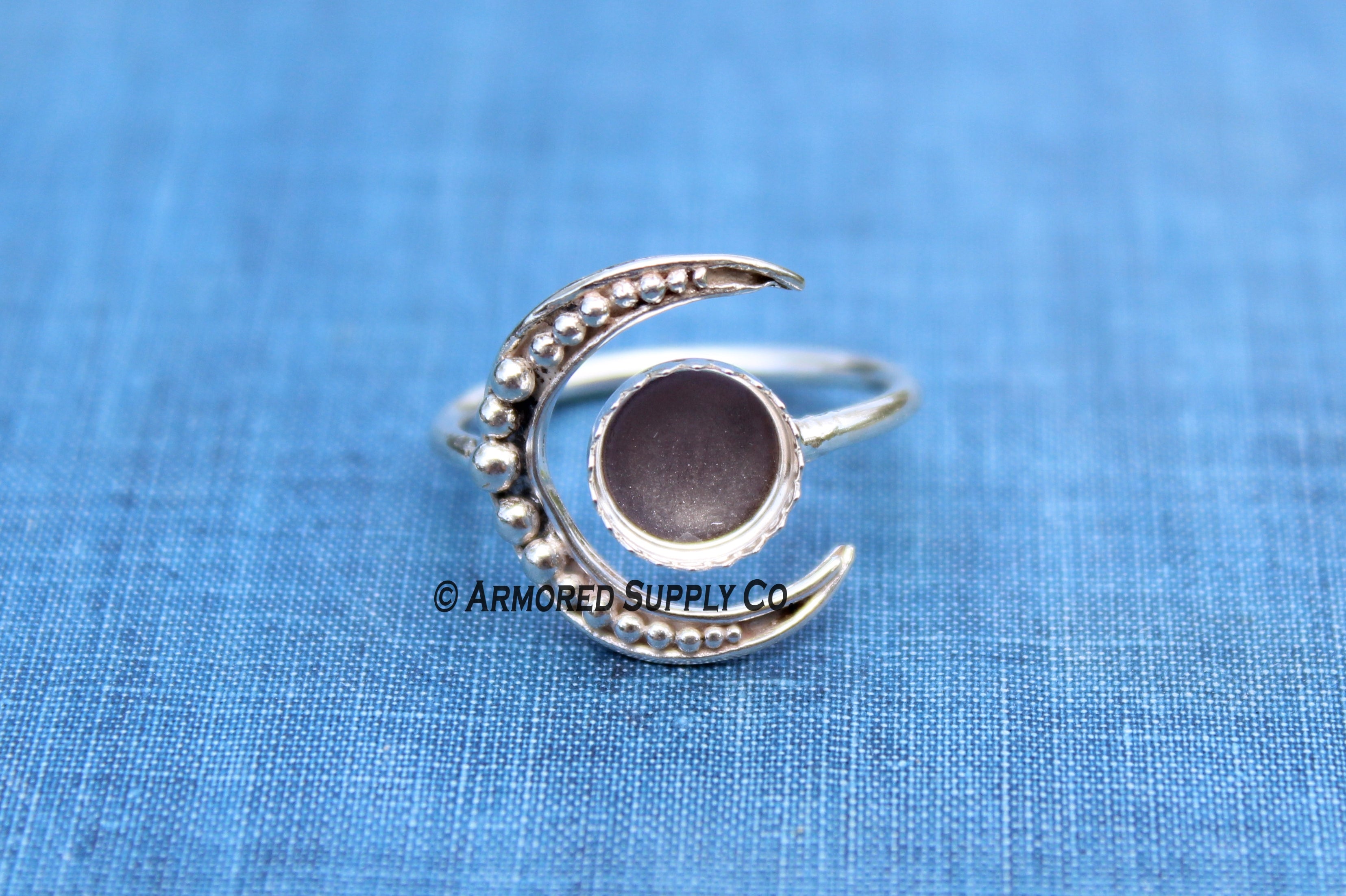 Silver Beaded Crescent Moon Bezel Cup Ring blank