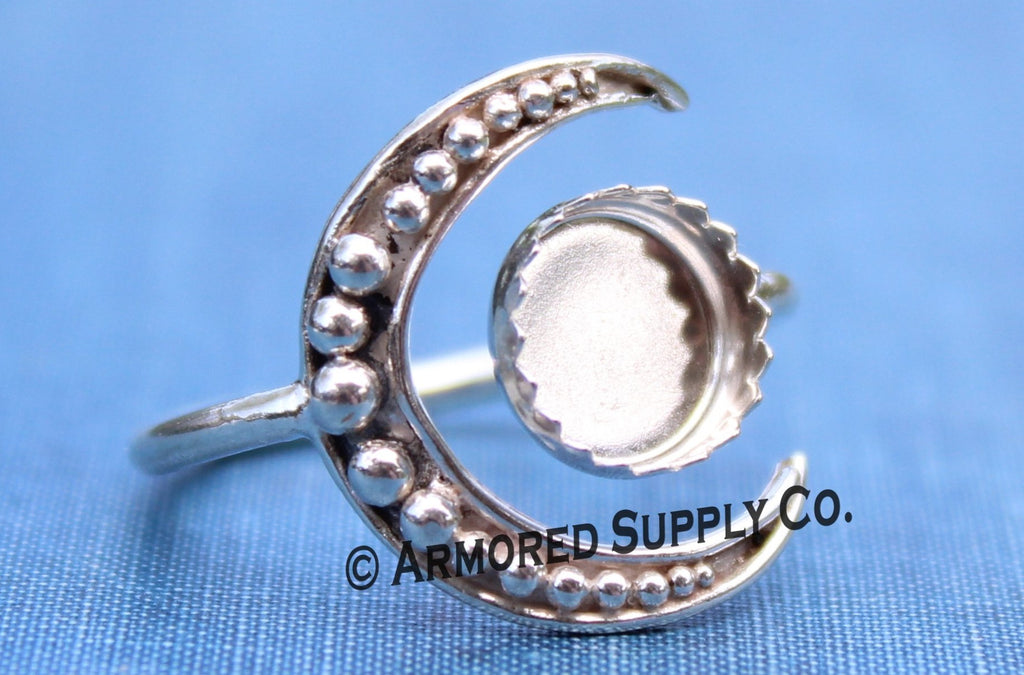 Silver Beaded Crescent Moon Bezel Cup Ring blank