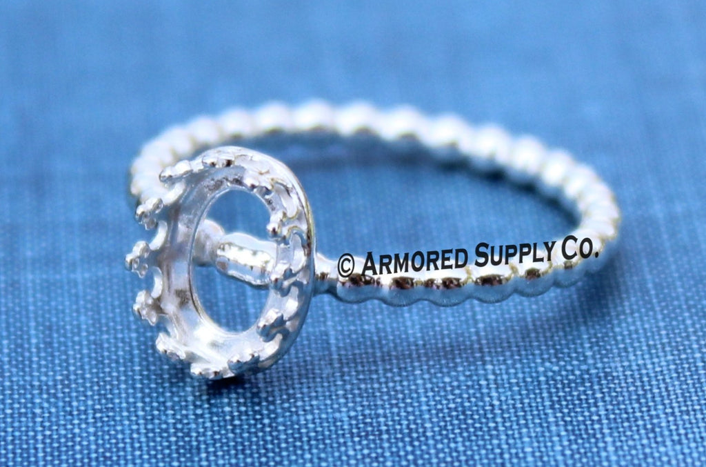 Silver Beaded 8x6mm Crown Oval Bezel Cup Ring blank