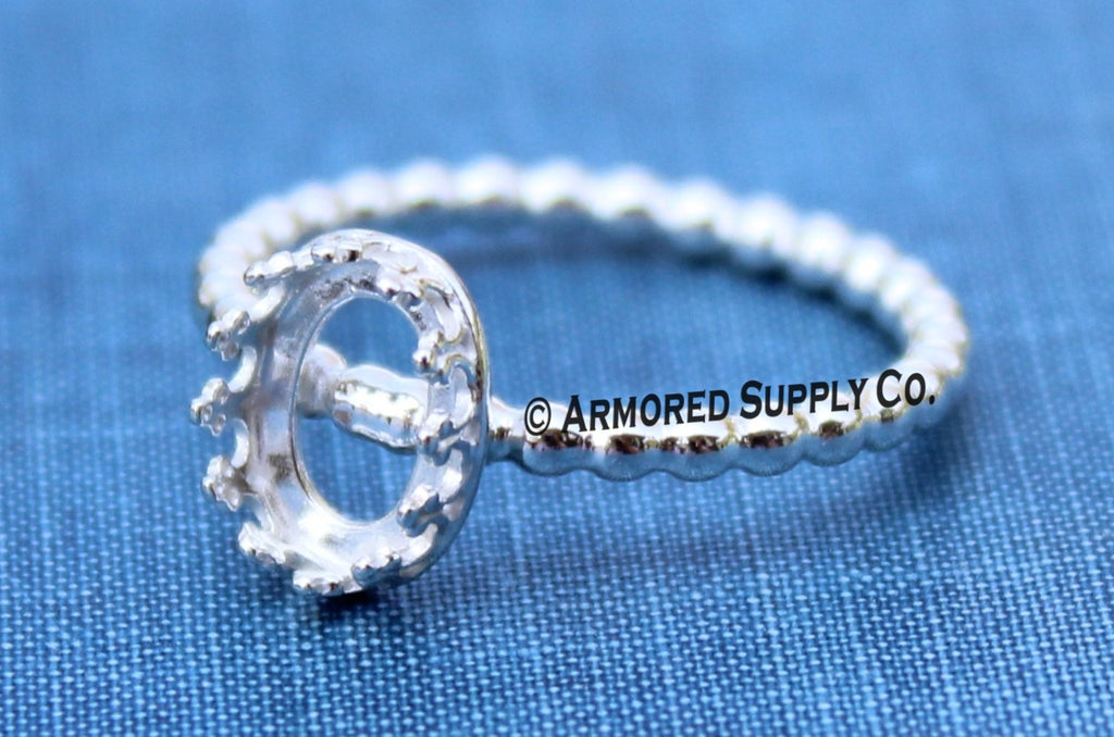 Silver Beaded 9x7mm Crown Oval Bezel Cup Ring blank
