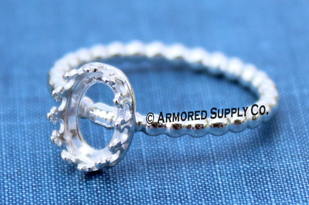 Silver Beaded 12x10mm crown Oval Bezel Cup Ring blank