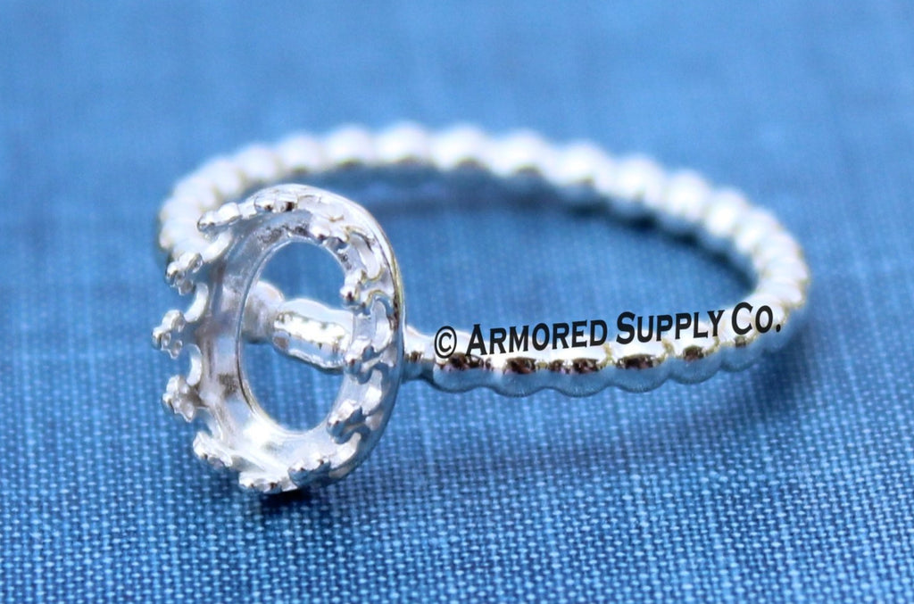 Silver Beaded 18x13mm crown Oval Bezel Cup Ring blank