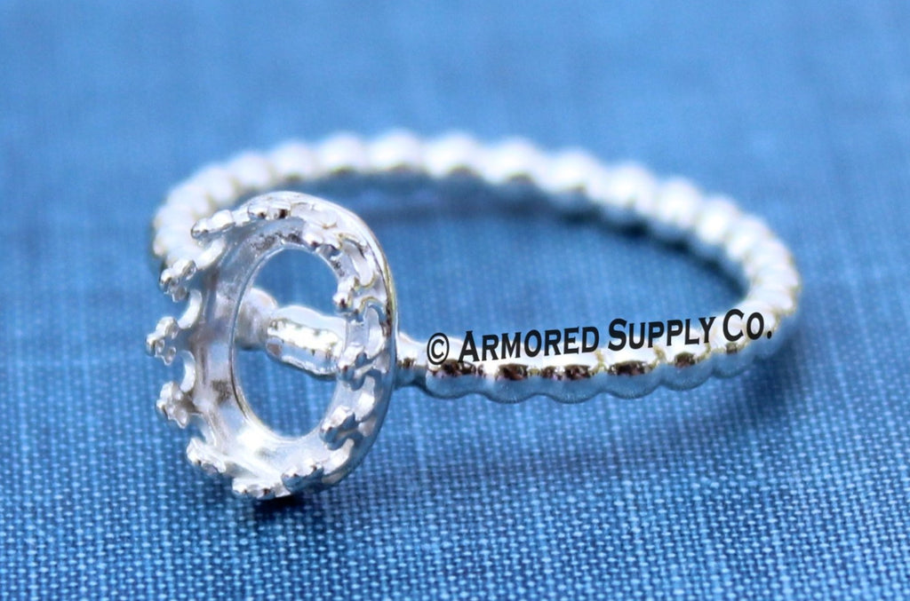 Silver Beaded 14x10mm Crown Oval Bezel Cup Ring blank