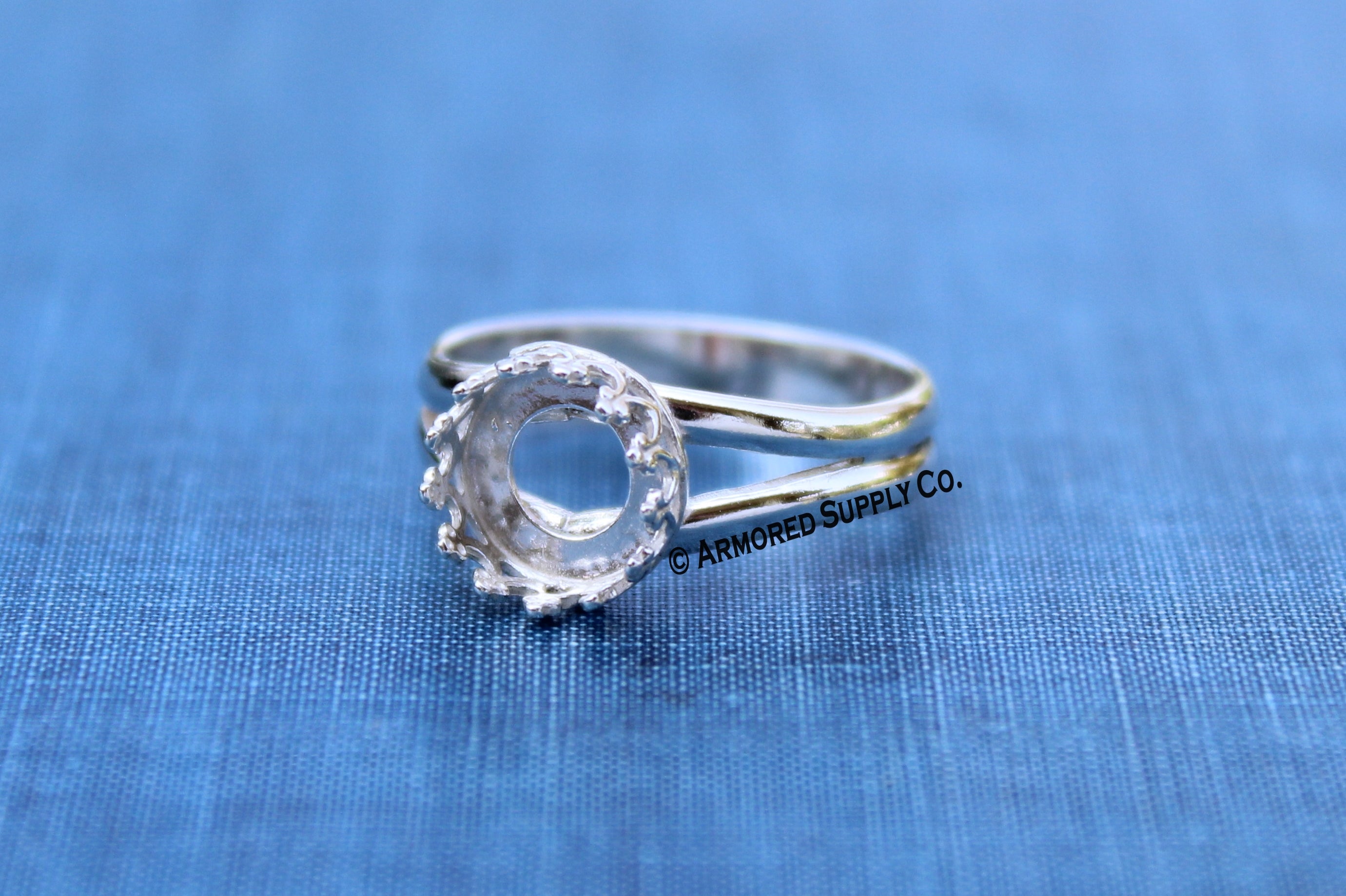 12mm Crown Round Bezel Sterling Silver Split Shank Ring Band blank