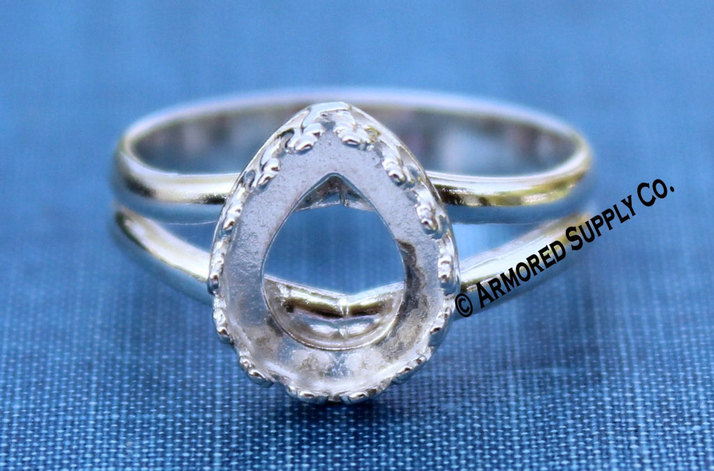 14x10mm Crown Pear Bezel Sterling Silver Split Shank Ring Band blank