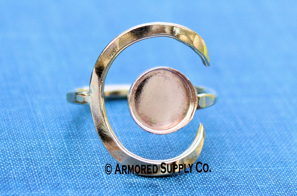 Gold Filled Hammered Crescent Moon Open Adjustable 3mm Bezel Cup Ring blank
