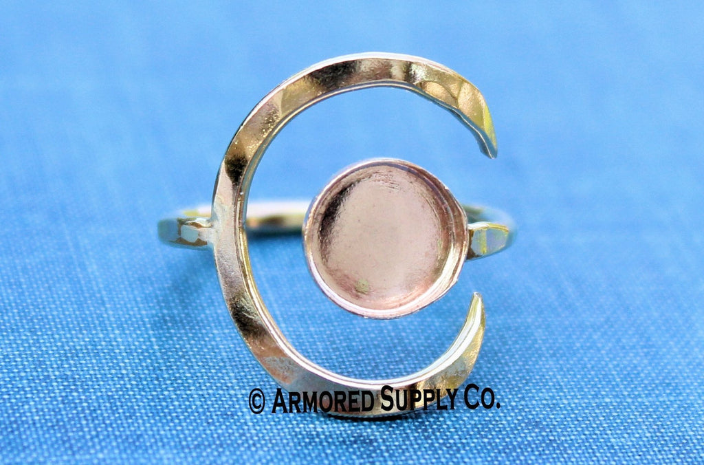 Gold Filled Hammered Crescent Moon Open Adjustable 8mm Bezel Cup Ring blank