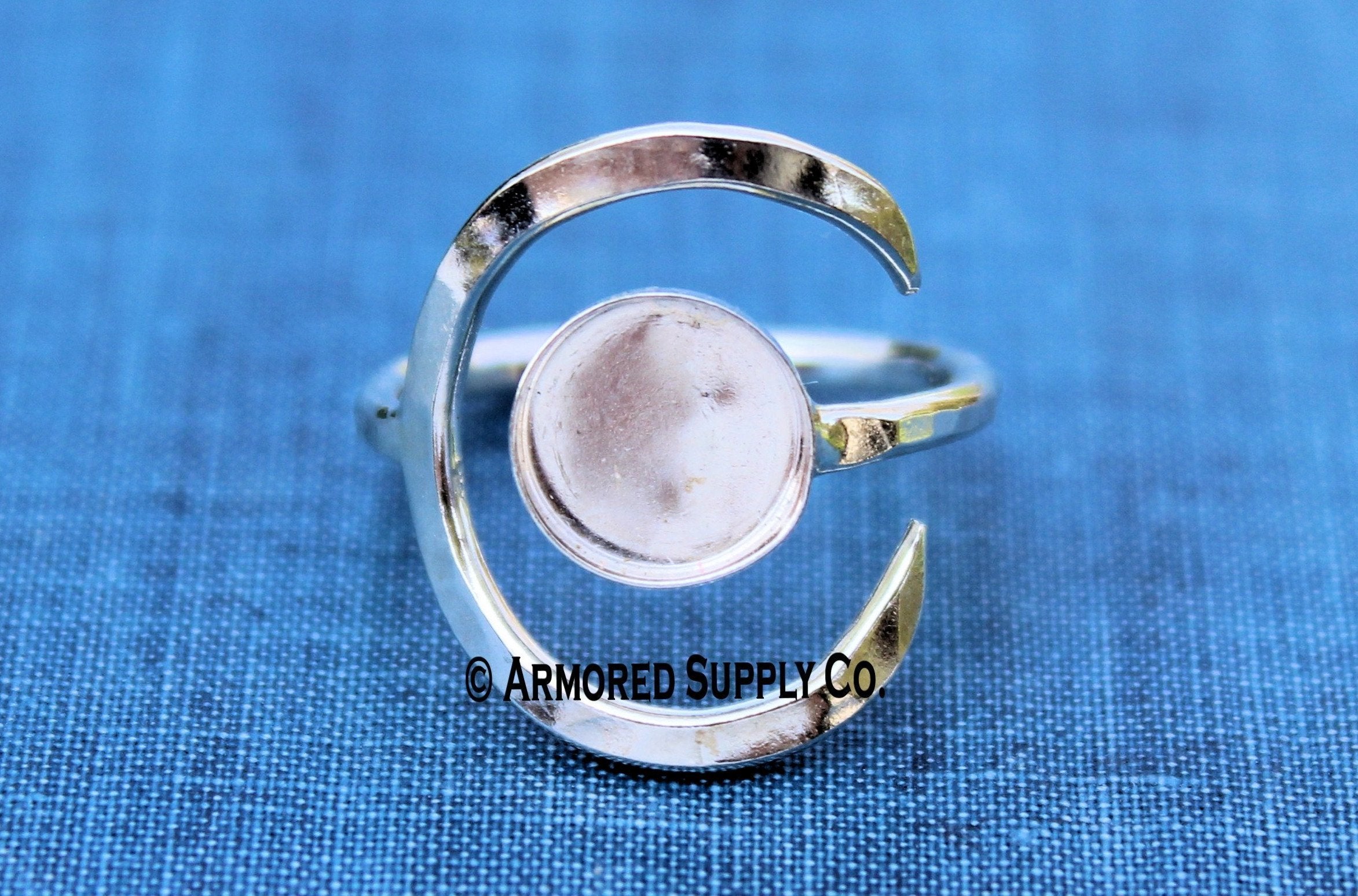 Sterling Silver Hammered Crescent Moon Open Adjustable 12mm Bezel Cup Ring blank