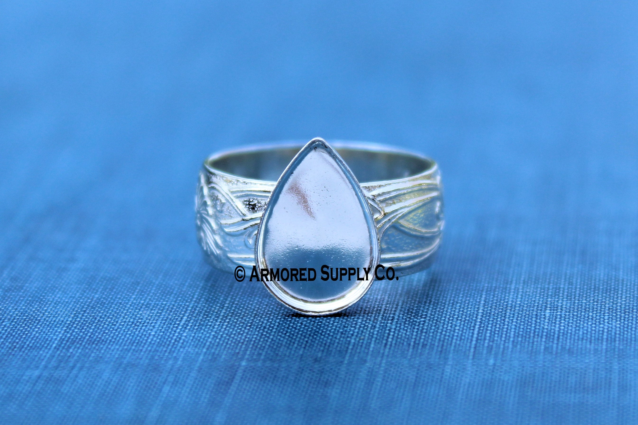 Floral #3 Plain Pear Bezel Cup Ring blank Silver