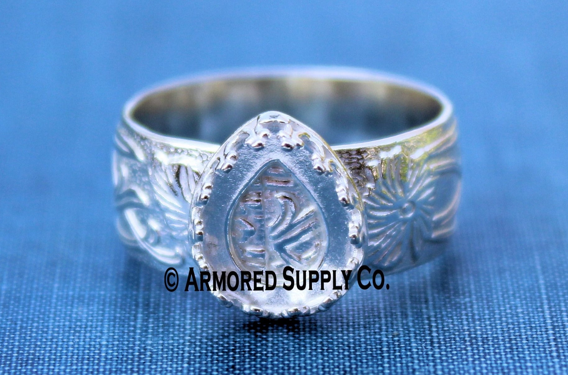 Floral #3 Crown Pear Bezel Cup Ring blank Silver