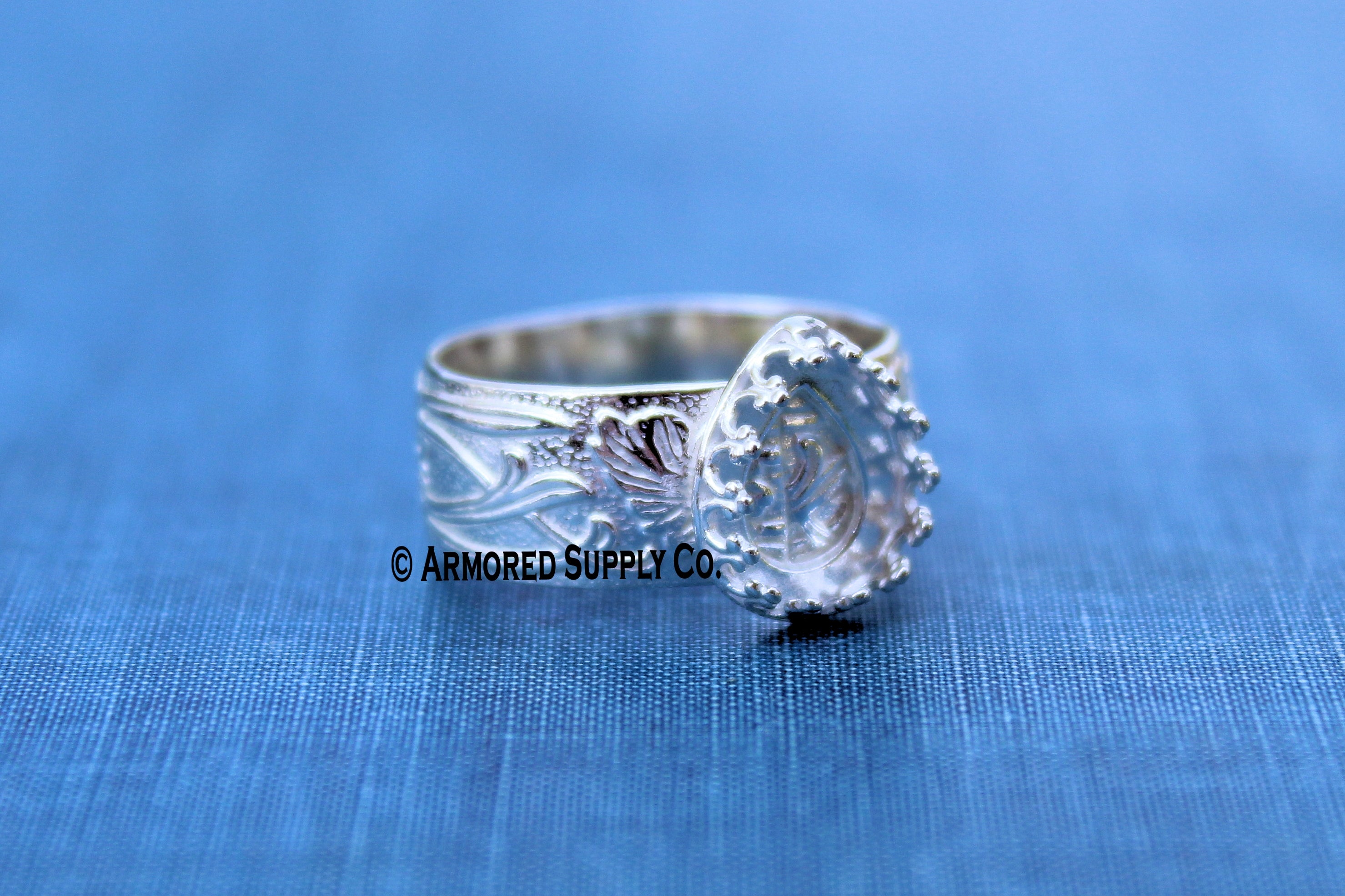 Floral #3 Crown Pear Bezel Cup Ring blank Silver