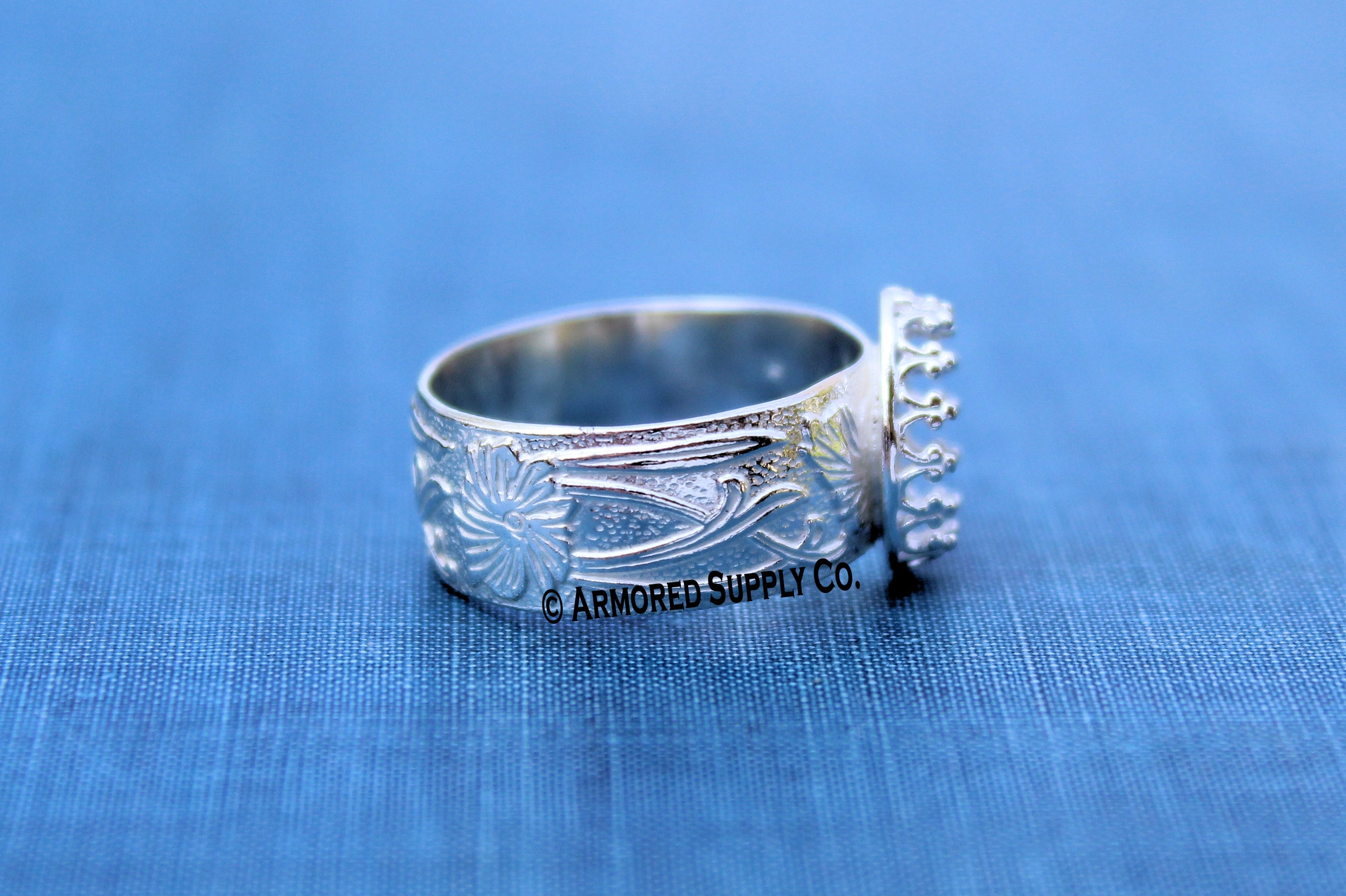 Floral #3 Crown Pear Bezel Cup Ring blank Silver