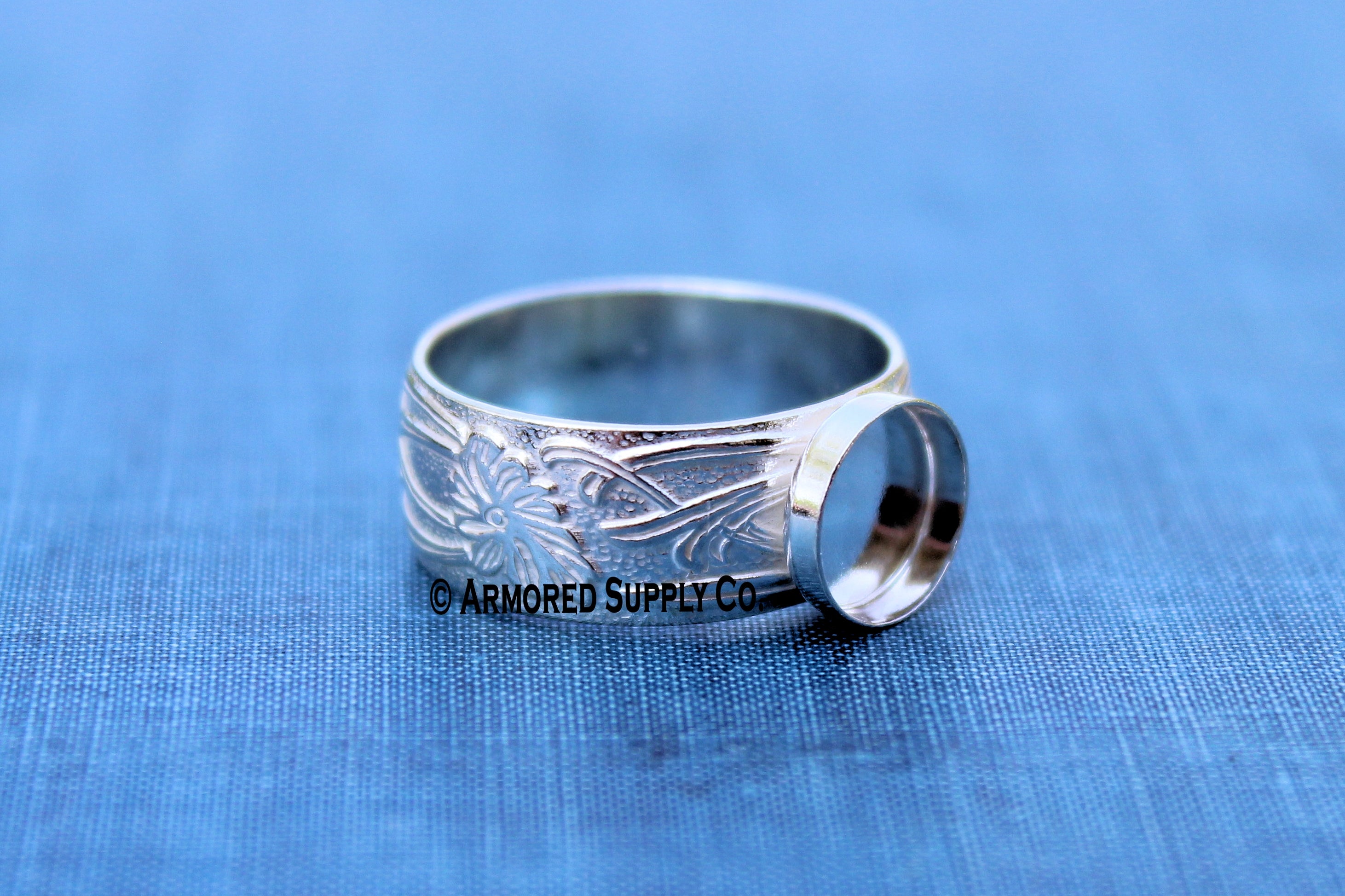 Floral #3 Plain round Bezel Cup Ring blank Silver