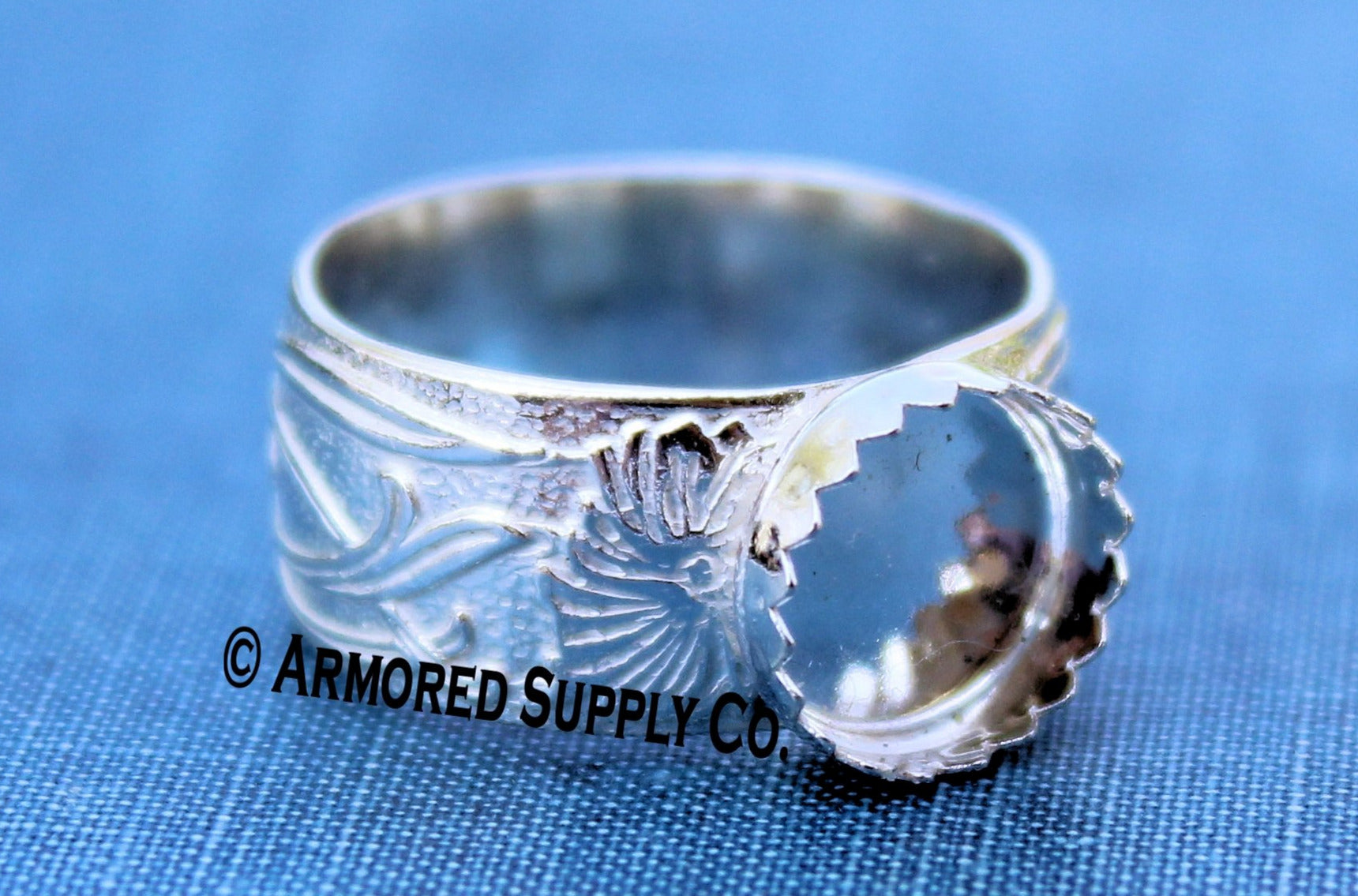 Floral #3 serrated round Bezel Cup Ring blank Silver