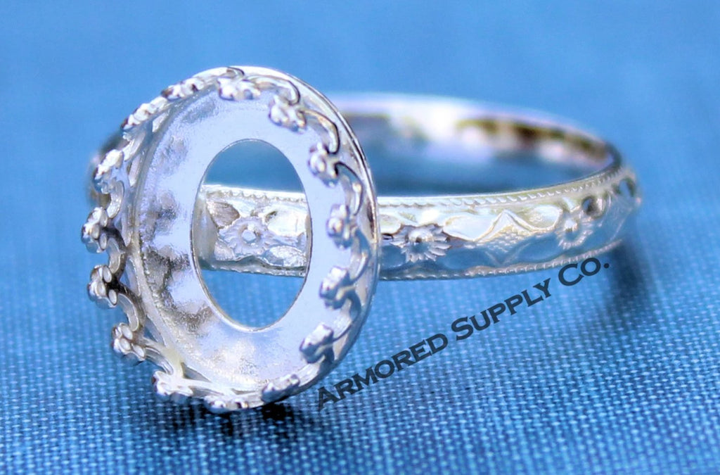 Floral #1 Crown Oval Bezel Ring blank Silver