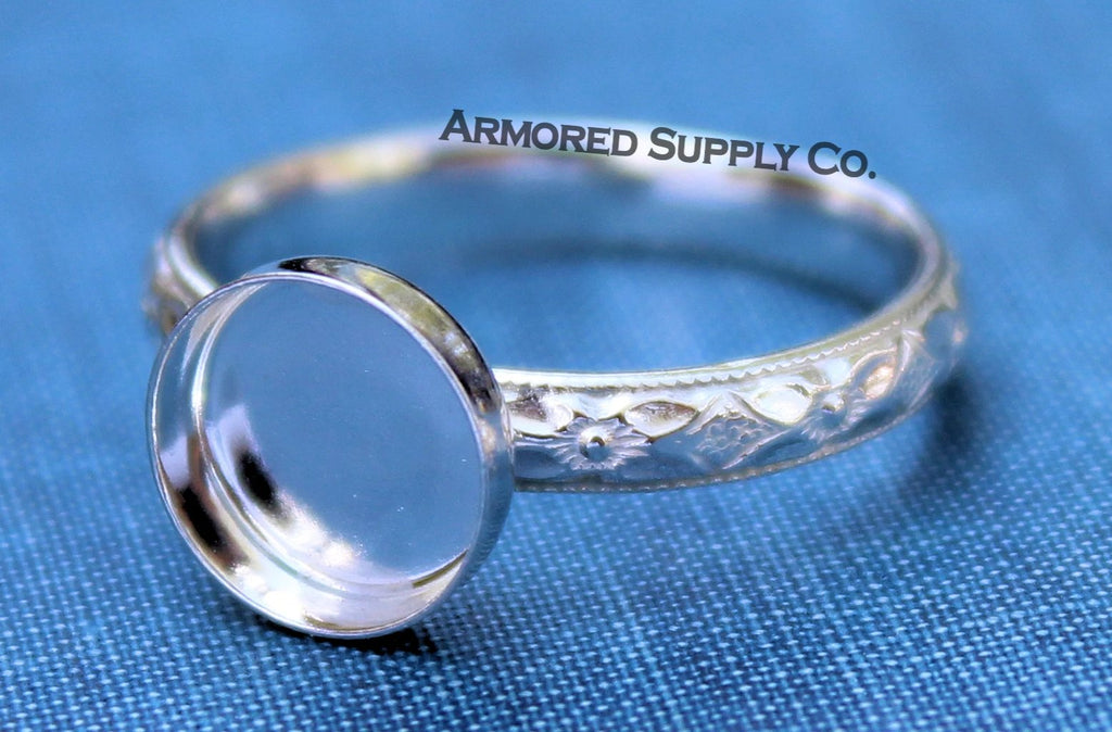 Floral #1 Plain Round Bezel Cup Ring blank Silver