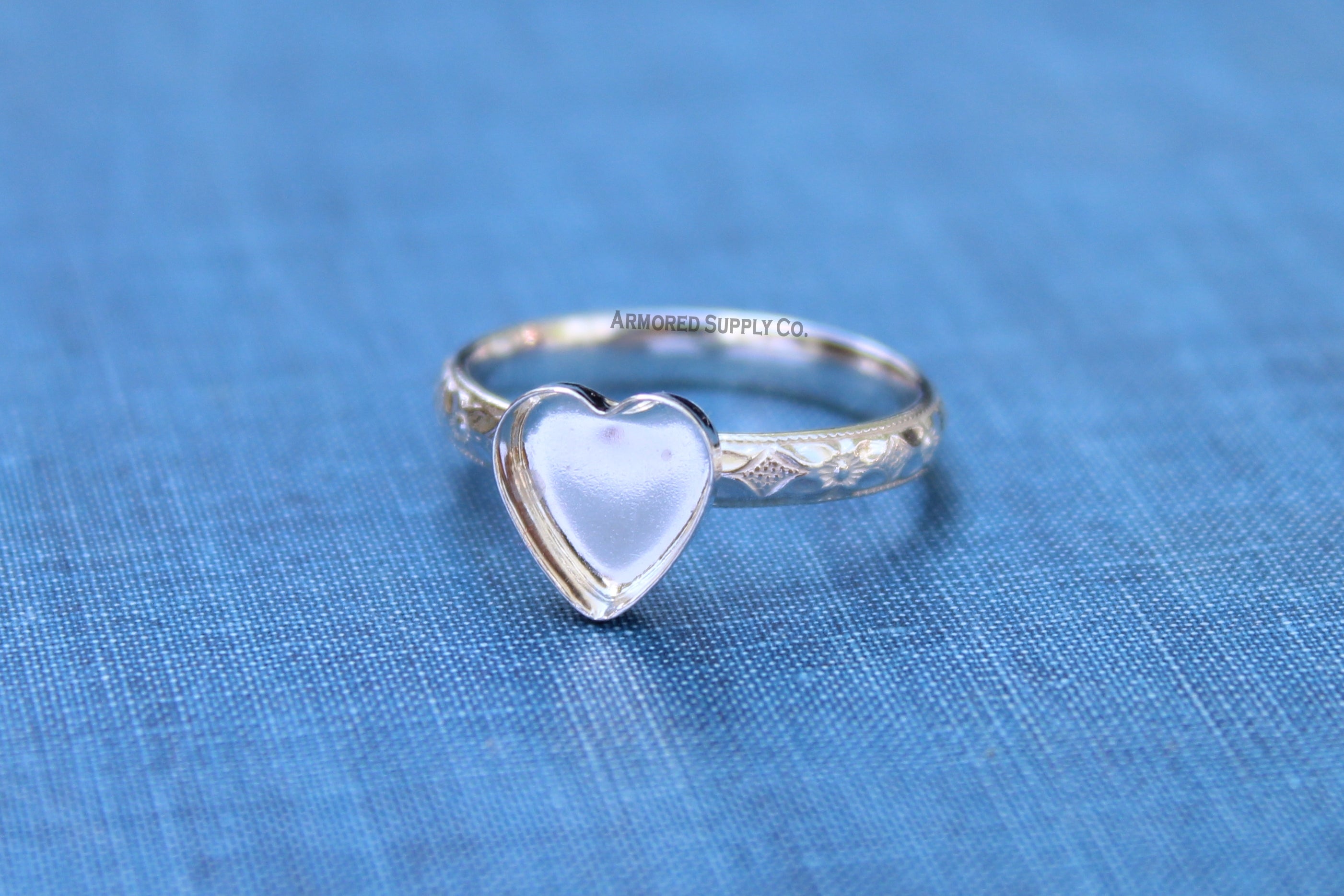 Floral #1 Plain Heart Bezel Cup Ring blank Silver