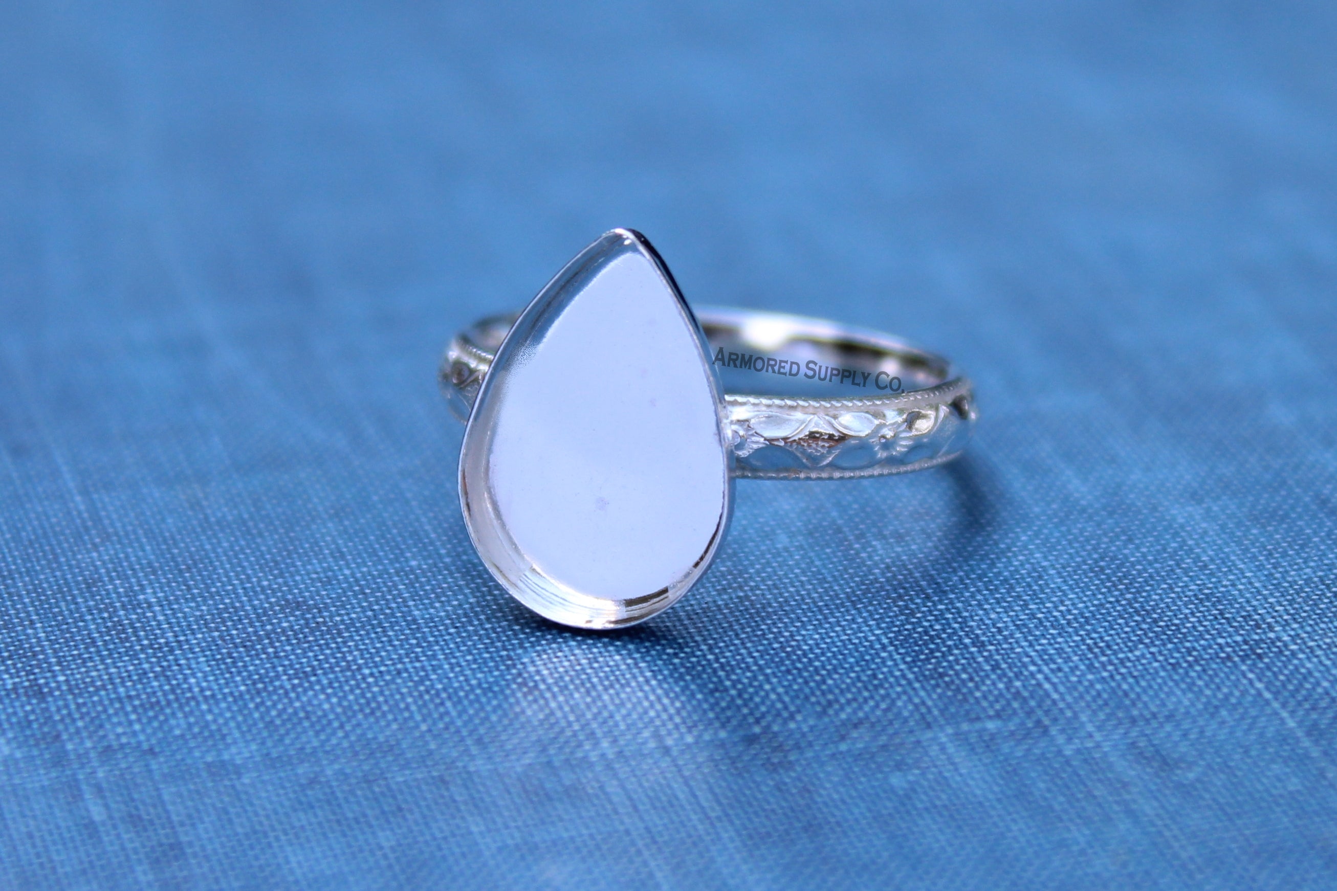 Floral #1 Plain Pear Bezel Cup Ring blank Silver