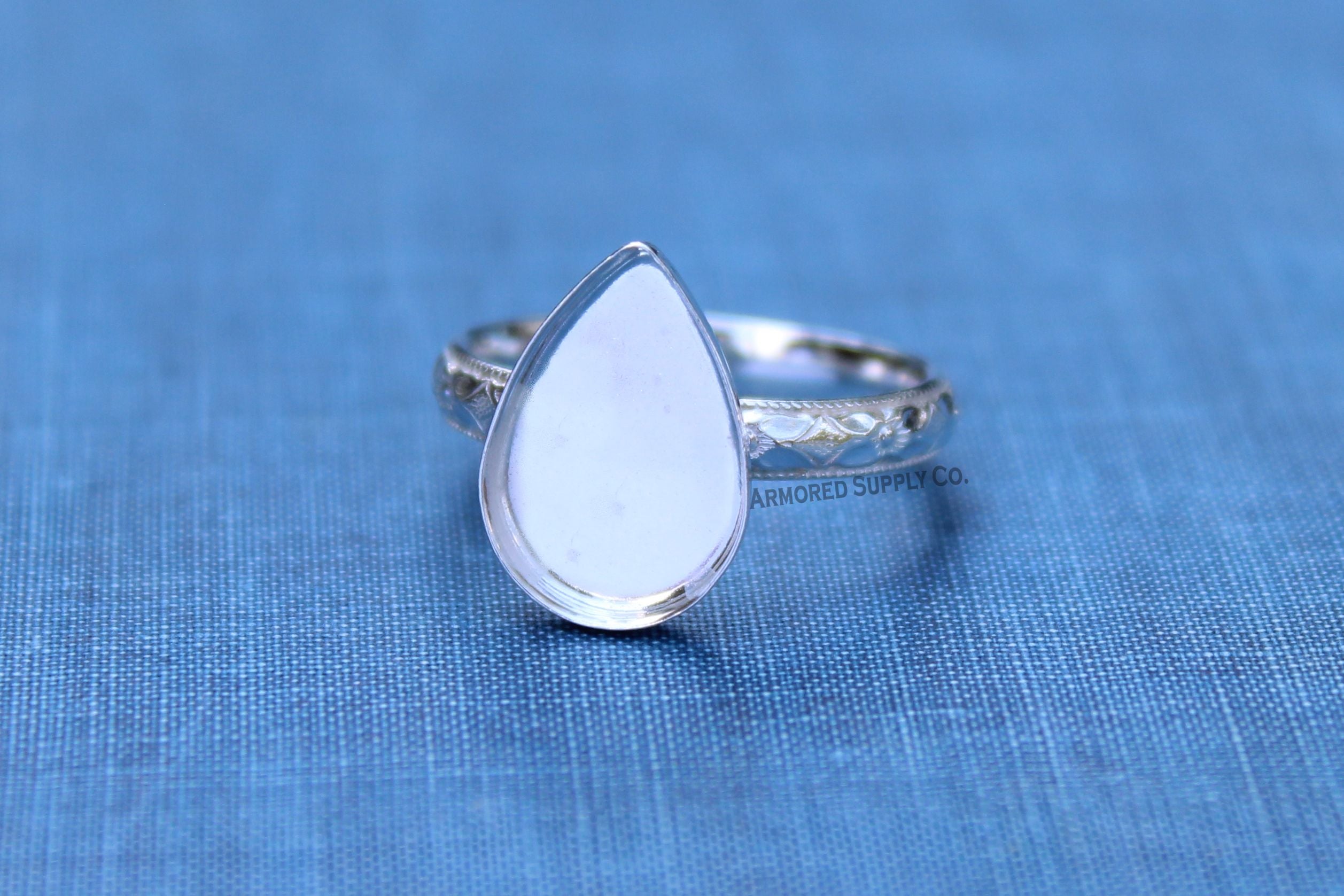 Floral #1 Plain Pear Bezel Cup Ring blank Silver
