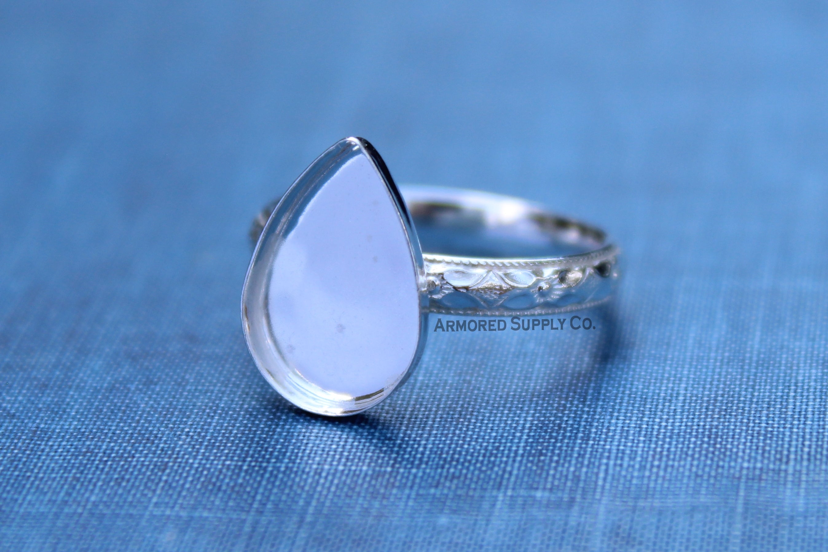 Floral #1 Plain Pear Bezel Cup Ring blank Silver