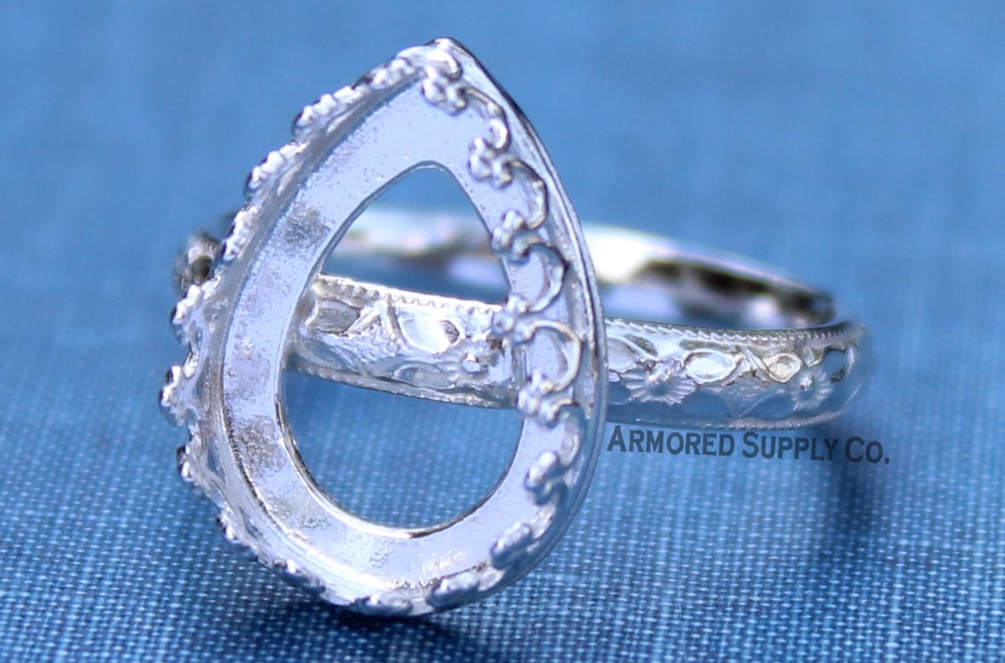 Floral #1 Crown Pear Bezel Cup Ring blank Silver