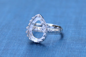 Floral #1 Crown Pear Bezel Cup Ring blank Silver