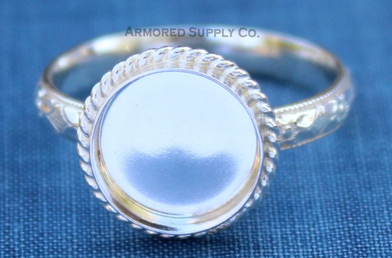 Floral #1 Roped Round Bezel Cup Ring blank Silver