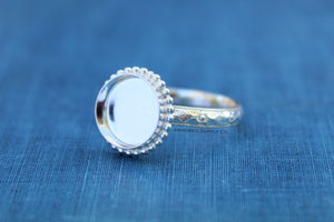 Floral #1 Beaded Round Bezel Cup Ring blank Silver