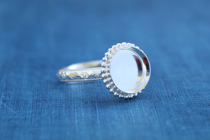 Floral #1 Beaded Round Bezel Cup Ring blank Silver