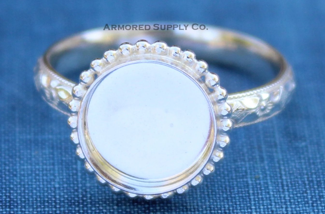 Floral #1 Beaded Round Bezel Cup Ring blank Silver