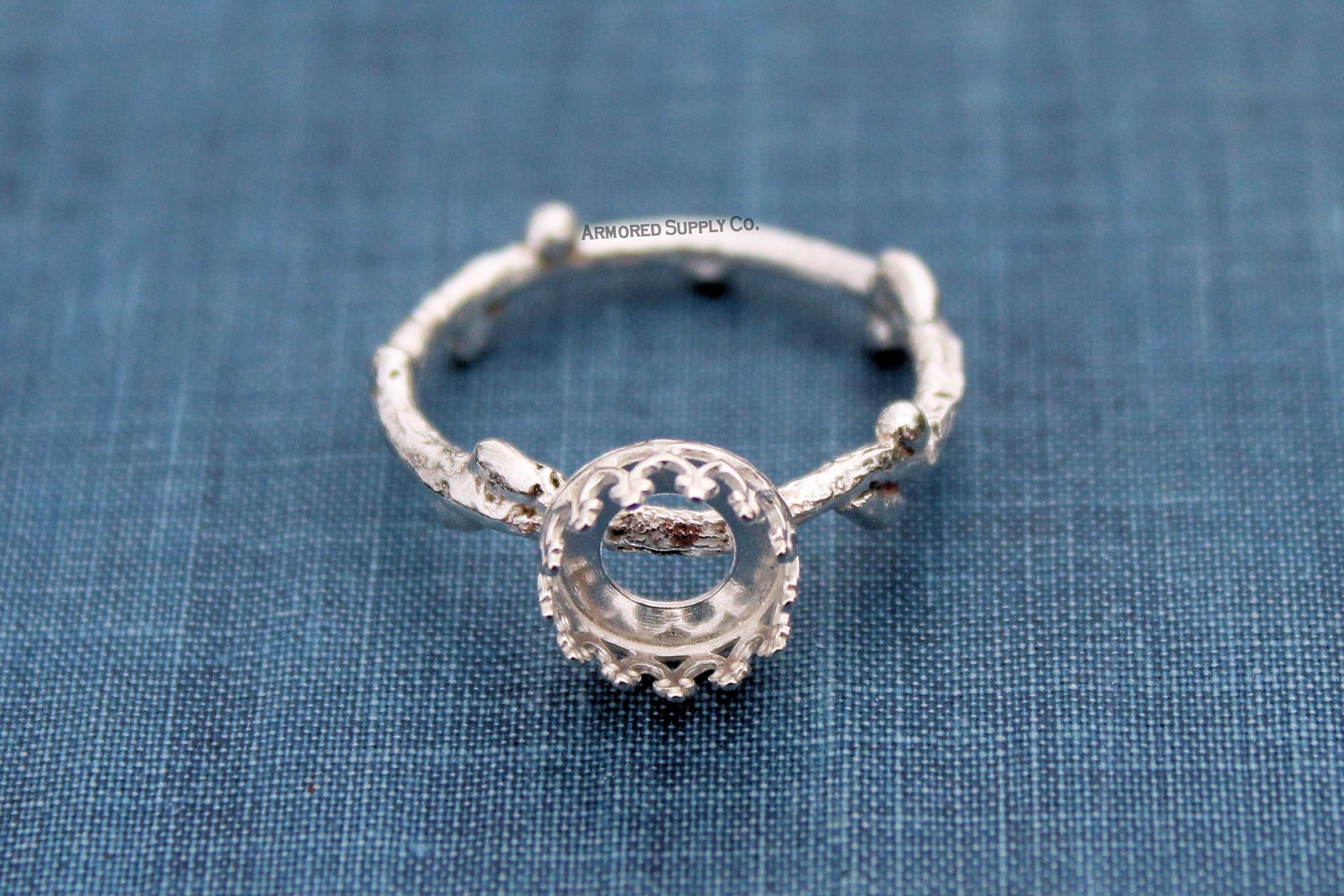 Tree Branch Twig Ring Band Crown Round Bezel Ring blank Silver