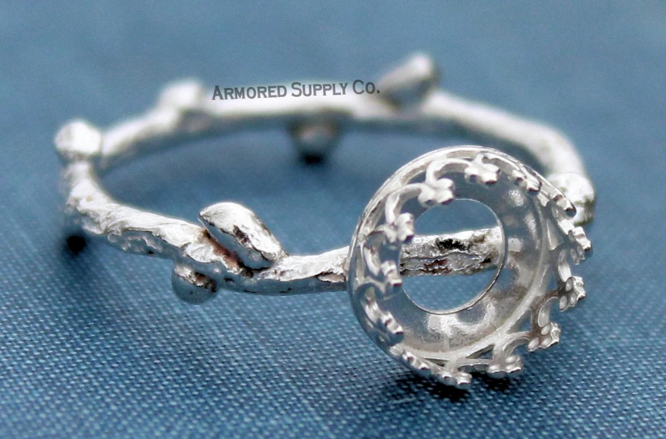Tree Branch Twig Ring Band Crown Round Bezel Ring blank Silver