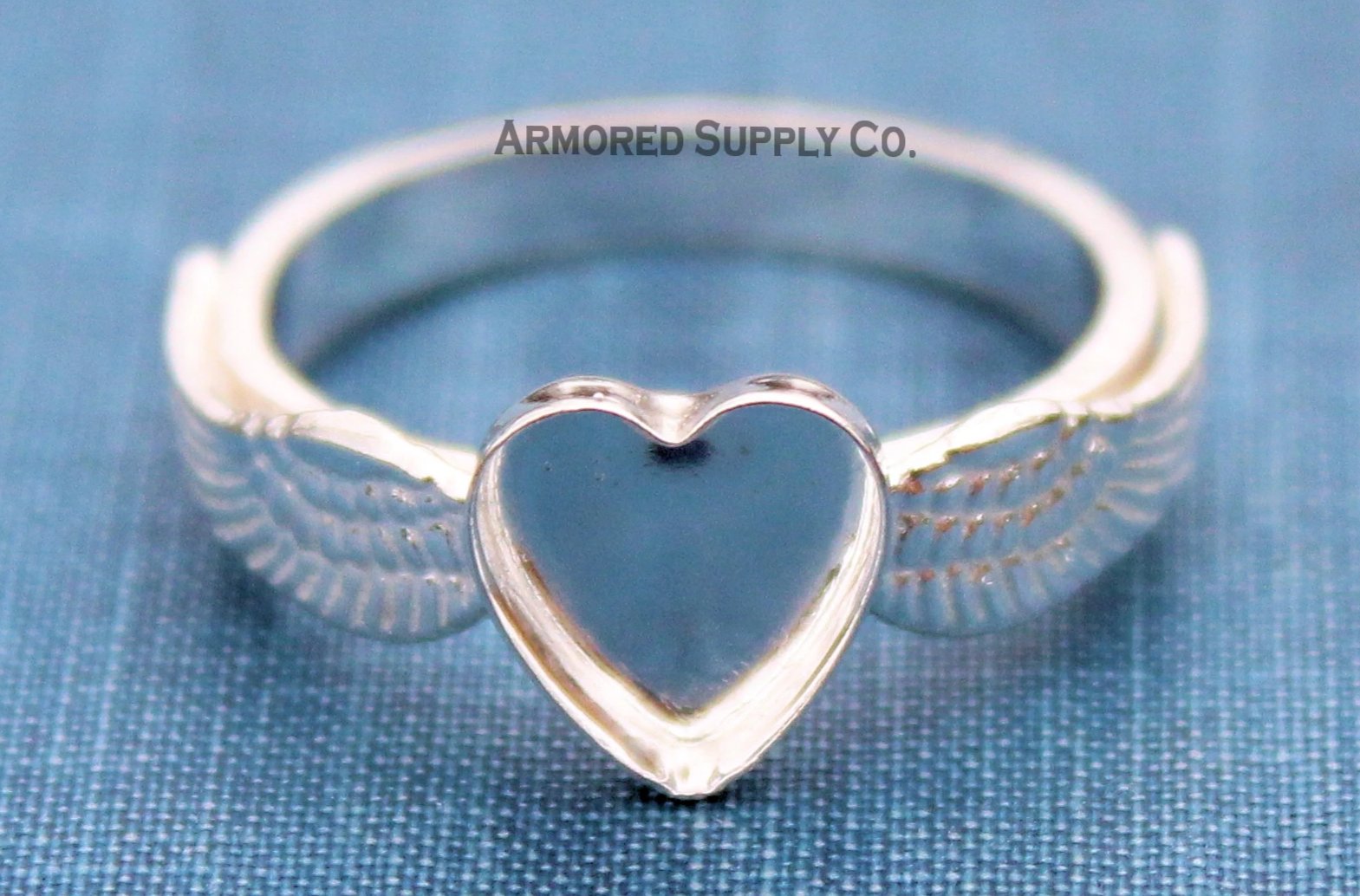 Double Angel Wing Plain Heart Bezel Cup Ring blank Silver