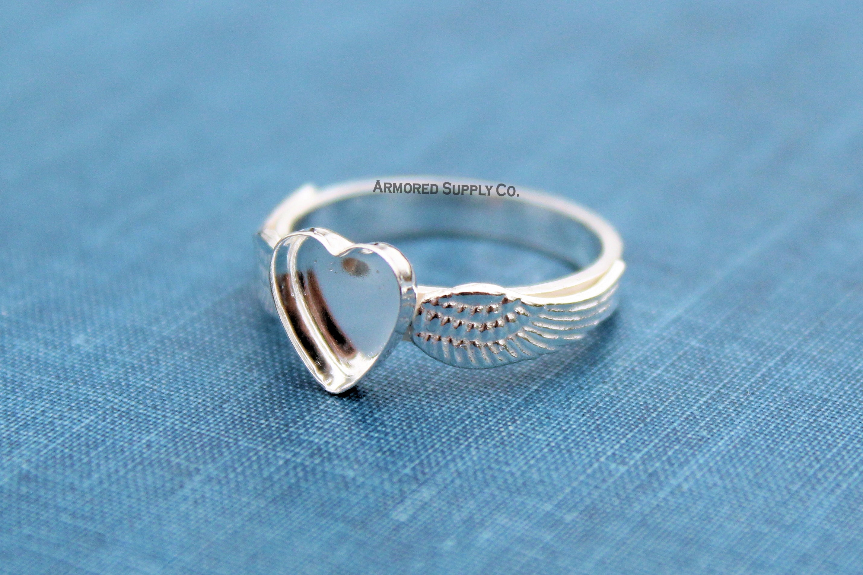 Double Angel Wing Plain Heart Bezel Cup Ring blank Silver