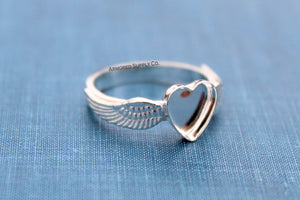 Double Angel Wing Plain Heart Bezel Cup Ring blank Silver