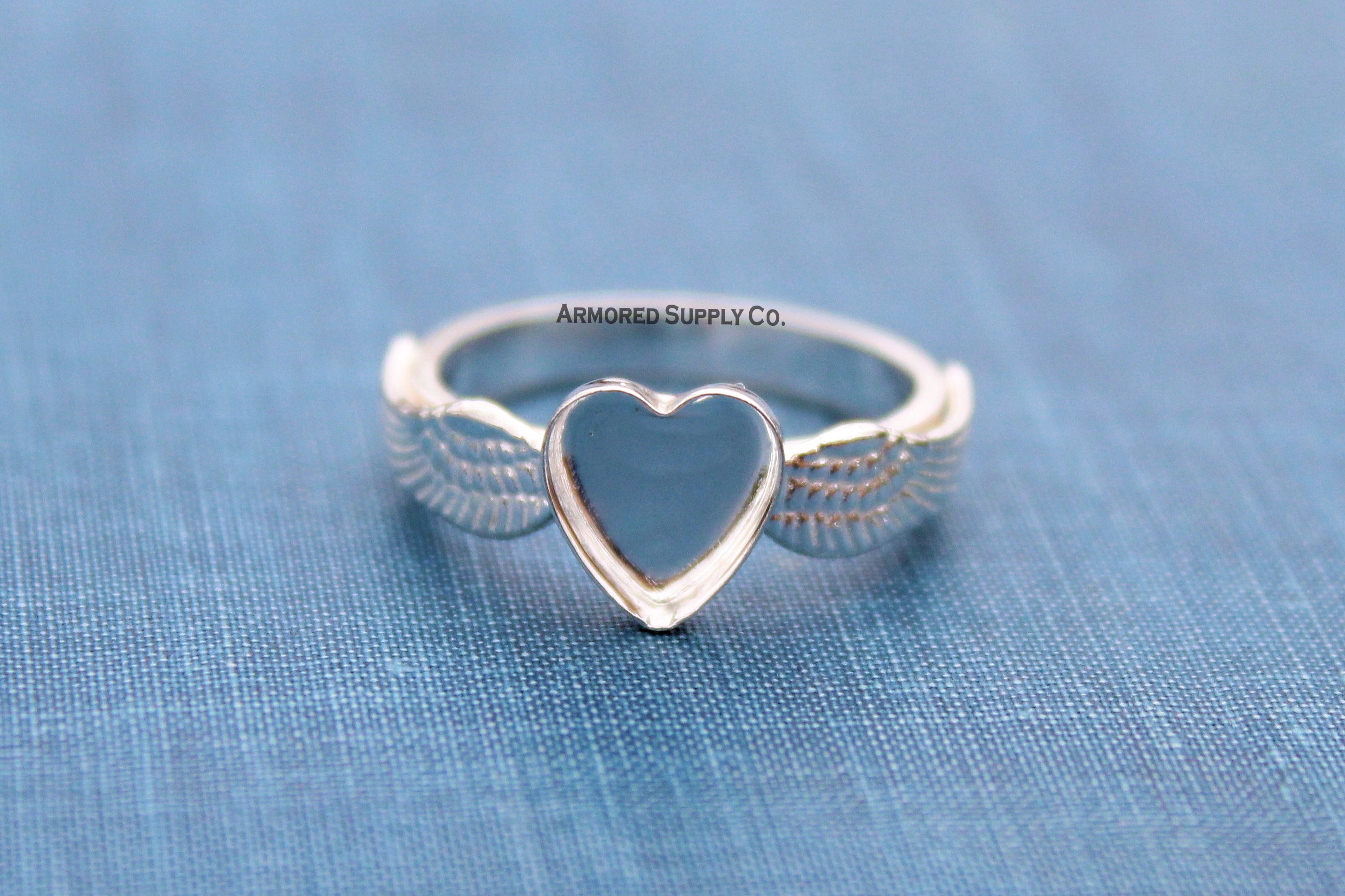 Double Angel Wing Plain Heart Bezel Cup Ring blank Silver