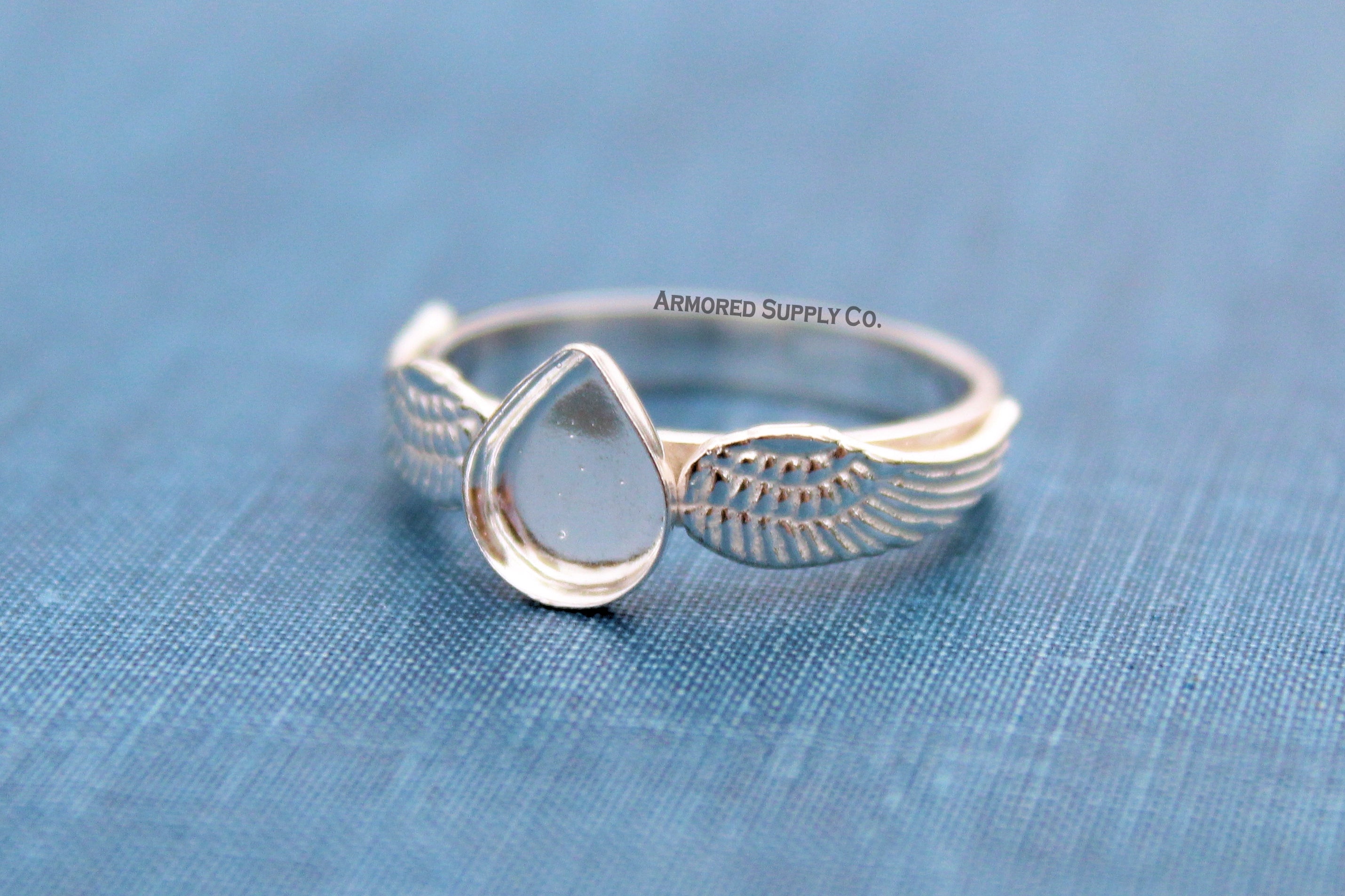 Double Wing Ring Plain Pear Bezel Cup Ring Blank Silver