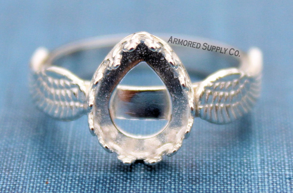 Double Wing Ring Crown Pear Bezel Cup Ring Blank Silver