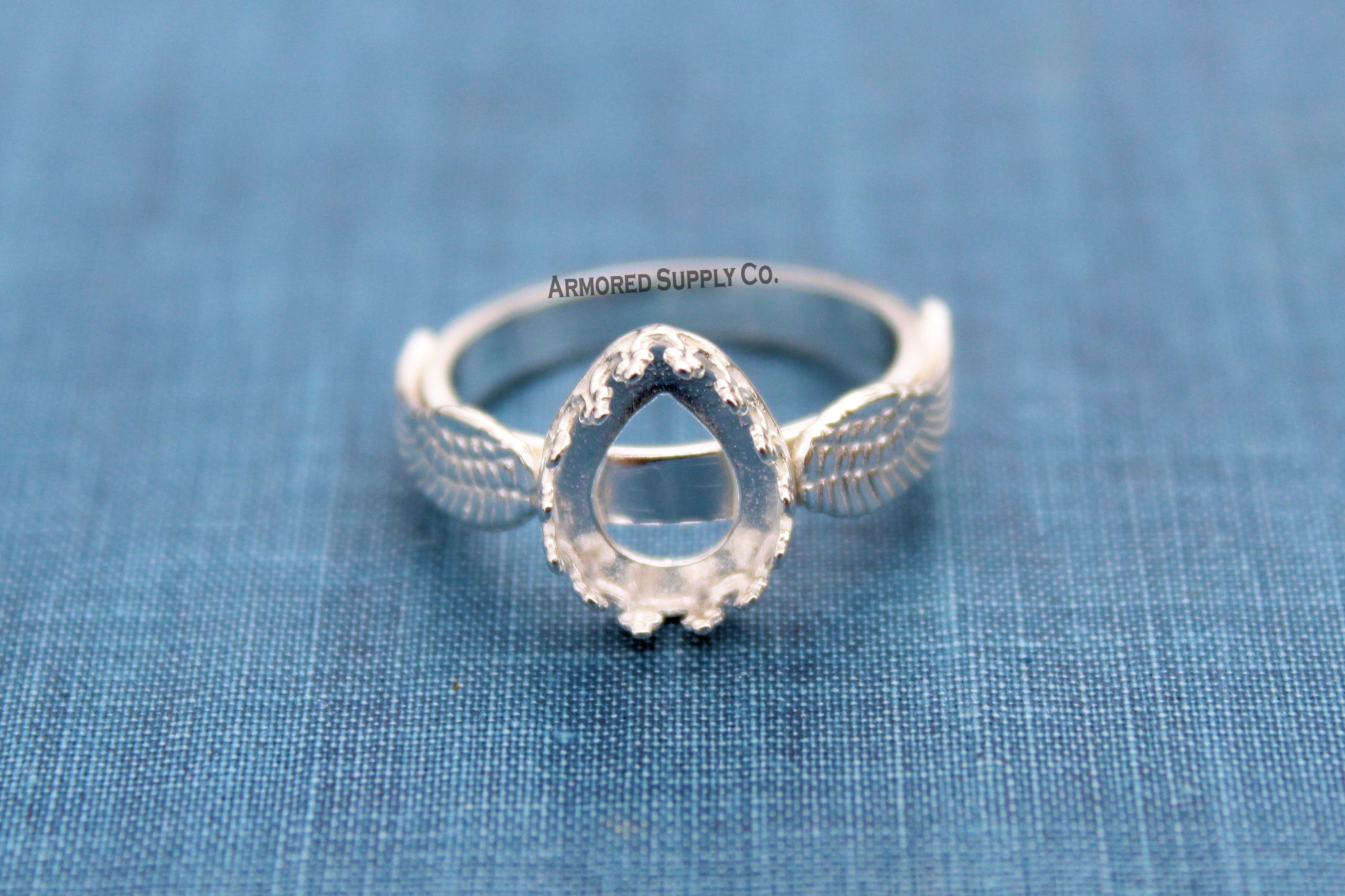 Double Wing Ring Crown Pear Bezel Cup Ring Blank Silver