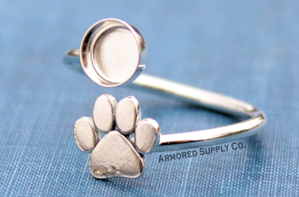 Pet Paw Print Plain Round Bezel Wrap Bypass Adjustable Ring blank